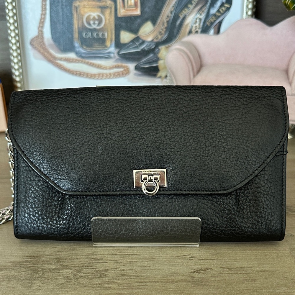 Salvatore Ferragamo Black Gancini Leather Flap Wallet / Clutch – Silver Hardware